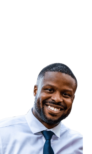 Antonio in a white collared shirt and blue tie with purple background